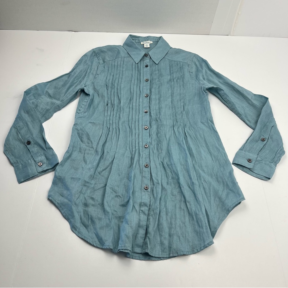 Sundance Katina Shirt 100% Linen Pintuck Tunic Top Button Front Blue XS NWOT - Picture 2 of 10
